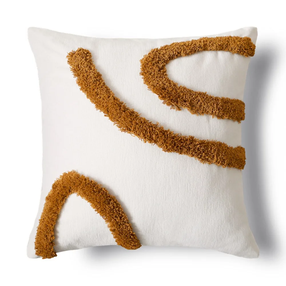 

Brown Retro Throw Pillow Cover Plush Material Tufted Texture Waist Cushion Cover Geometric Design High Quality Linen