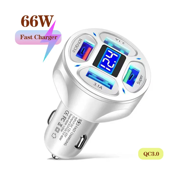 

66W 4Port USB Digital Real-time Voltage car Super fast charger QC3.0 car phone charger fast charging cigarette lighter adapter