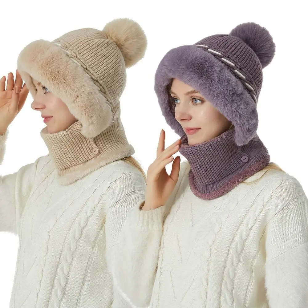 Casual Winter Cap Mask Set Thicken Warm Windproof 2in1 Scarf Hat Ear Protection Neck Protector Balaclavas Hat Female Male