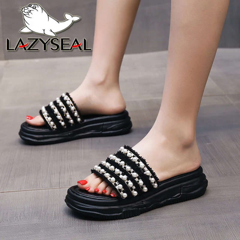 LazySea Pearl Bordered String Bead Dec Women Slides Sandals Flat Heels Women Slippers Outdoor Fashion Women Shoe zapatos mujer