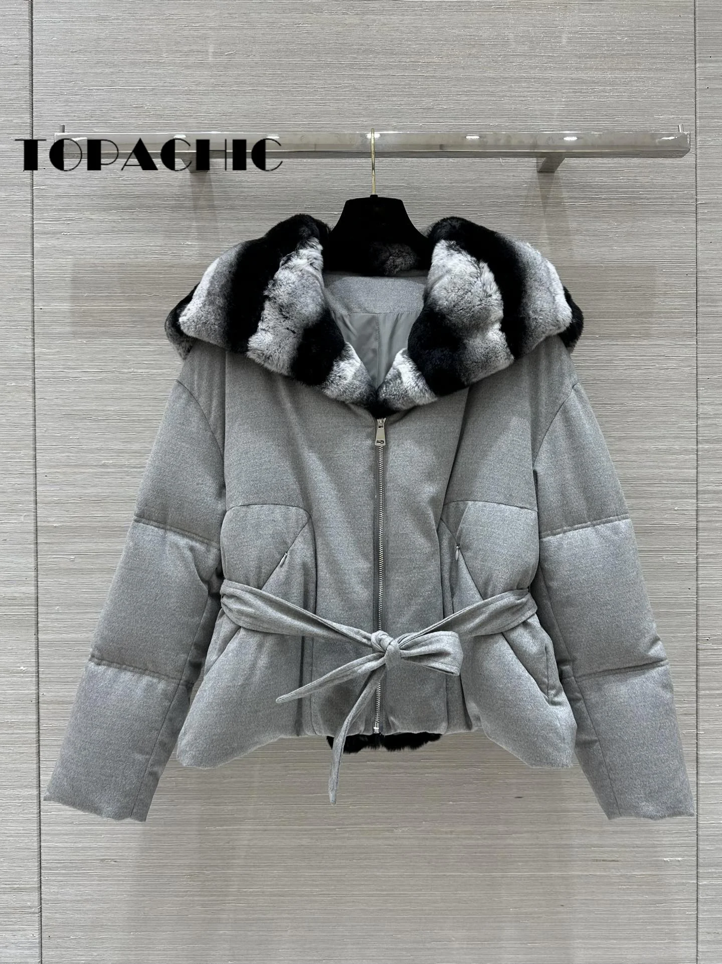 11.28 TOPACHIC High Quality Fur Detachable Design Hooded Goose Down Jacket Wool Soft Comfortable Zipper Coat With Sashes Women