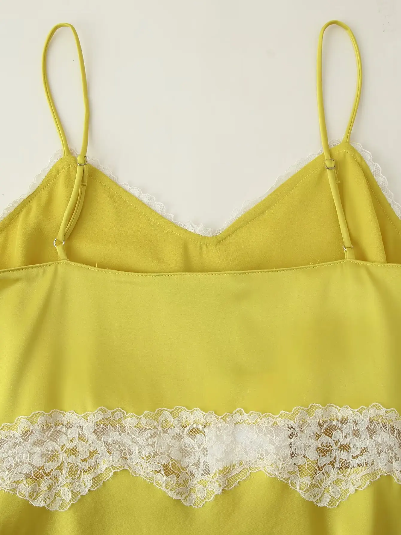 Women's Yellow Satin Midi Dress with Spaghetti Straps Summer Elegant Style with Lace Panels, Sleeveless Evening Party Dress