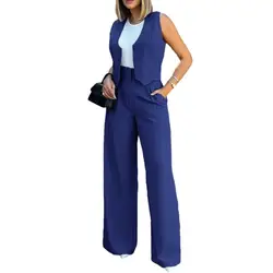 Women Vest Women Suit Elegant Lady Baggy Pants Set with Vest Solid Color High Waist Women's Wide Leg Pants Streetwear