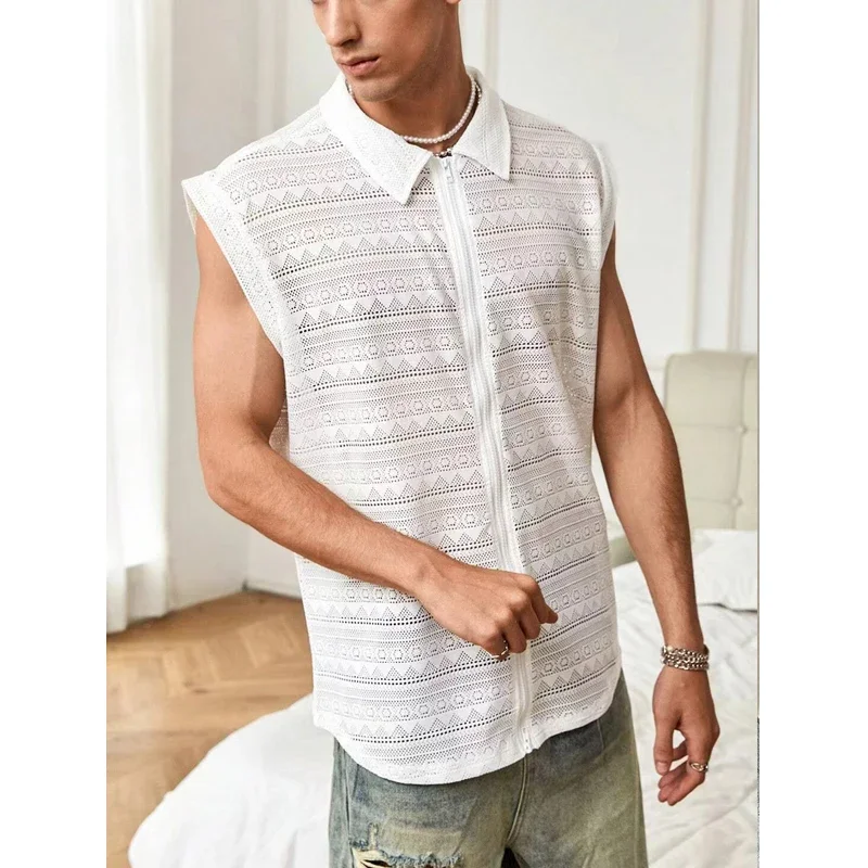 Men's Mesh Sleeveless Lace Shirt Summer New Fashion Loose Perspective Casual Sexy Zipper Tank Top Men Nightclub Tees Shirt