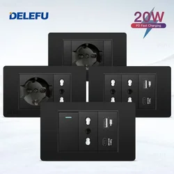 DELEFU Black Retardant PC Italy USB TypeC Fast Charging Wall Socket Schuko Tuya Wifi Smart Switch Sat TV Tel Doorbell Chile