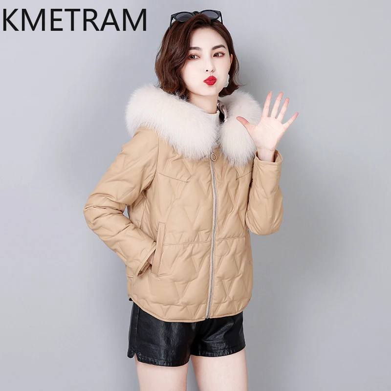 KMETRAM Fashion Winter Clothes for Women 90% White Duck Down Liner Sheepskin Genuine Leather Coats Four Colors Veste Femme