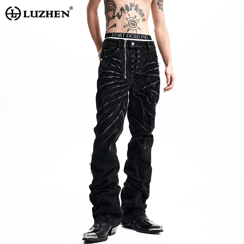 LUZHEN 2026 New Trendy Wornout Burr Stripe Niche Design Slim Straight Jeans Men Fashion Original Street Denim Pants Male JY9092