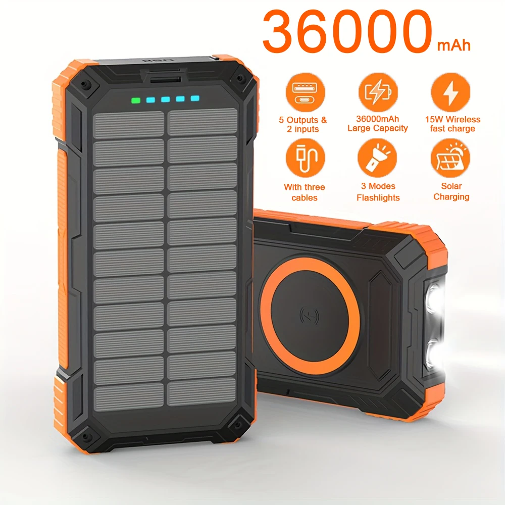 

36000mAh Solar Wireless Power Bank, Built-in 4 Lines 15W Wireless Fast Charging Power Bank，Suitable for All Mobile Devices