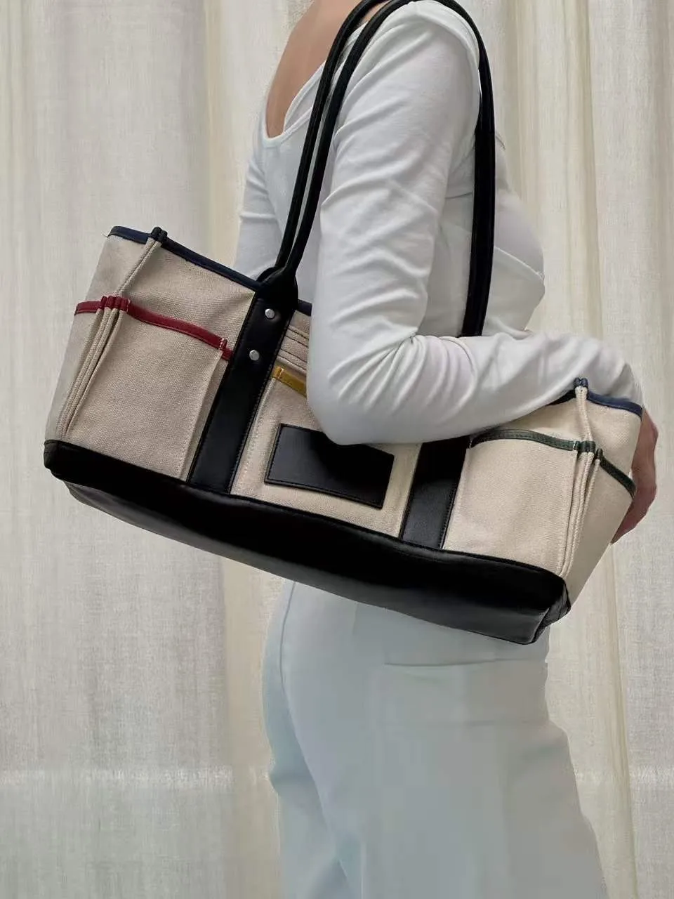 FIRMRANCH 2026 Unisex Retro Color-block Canvas Multi-pocket Design Large Capacity Travel Shoulder Bag Trendy Women's Tote