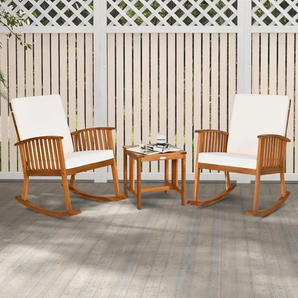 

3 Pieces Acacia Wood Rocking Bistro Set, Outdoor Furniture Front Porch Rocker Chairs Conversation Set with Coffee, Customized