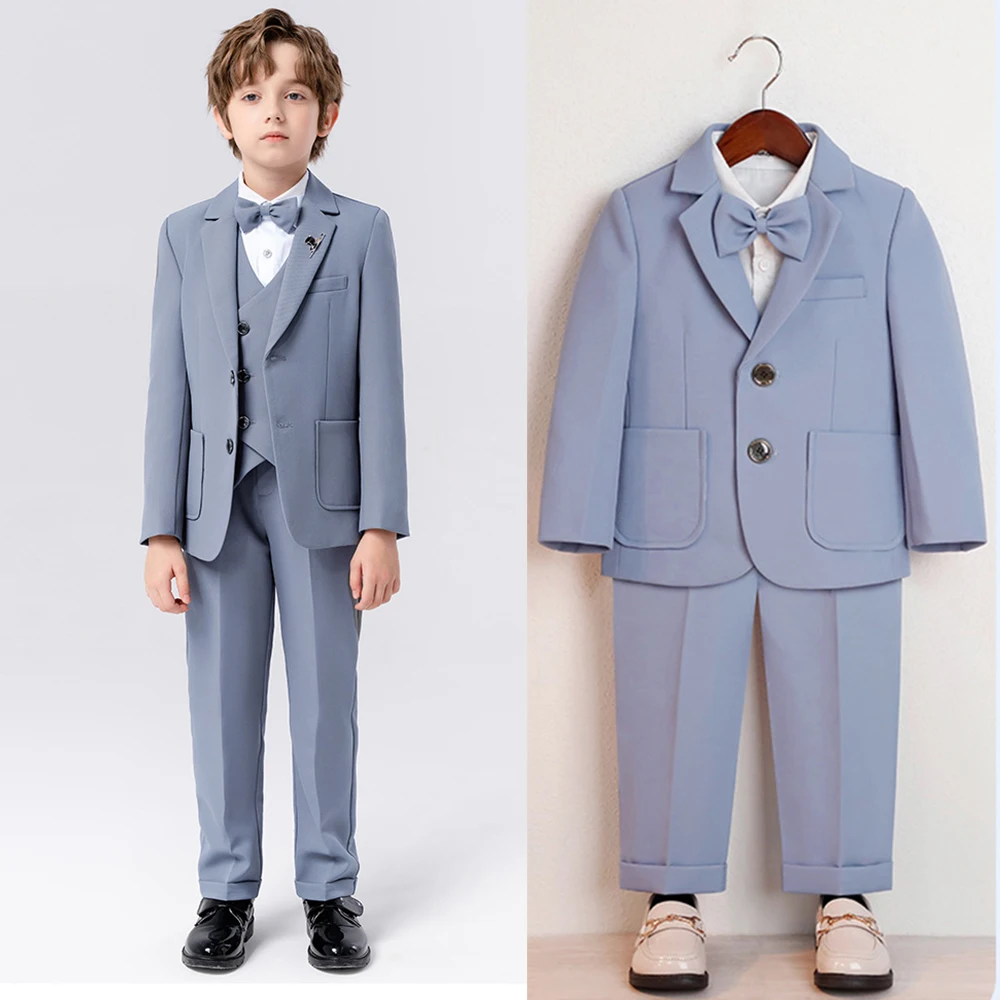7PCS Blue Suit Boys Formal Child Clothes Blazer+Vest+Shirt+Trousers+Accessory Kids Wedding Tuxedo Solid Suit Set Stage Performan
