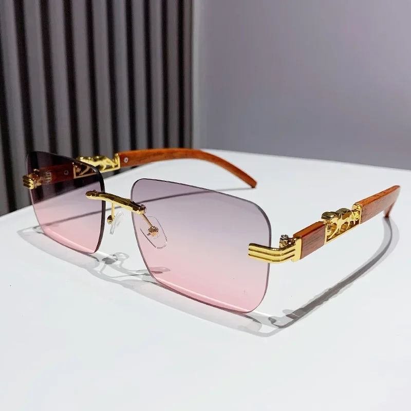 Fashion Vintage Rimless Square Sunglasses Women For Men Sun Glasses Punk Shades Luxury Brand Designer Gold Leopard Eyeglasses
