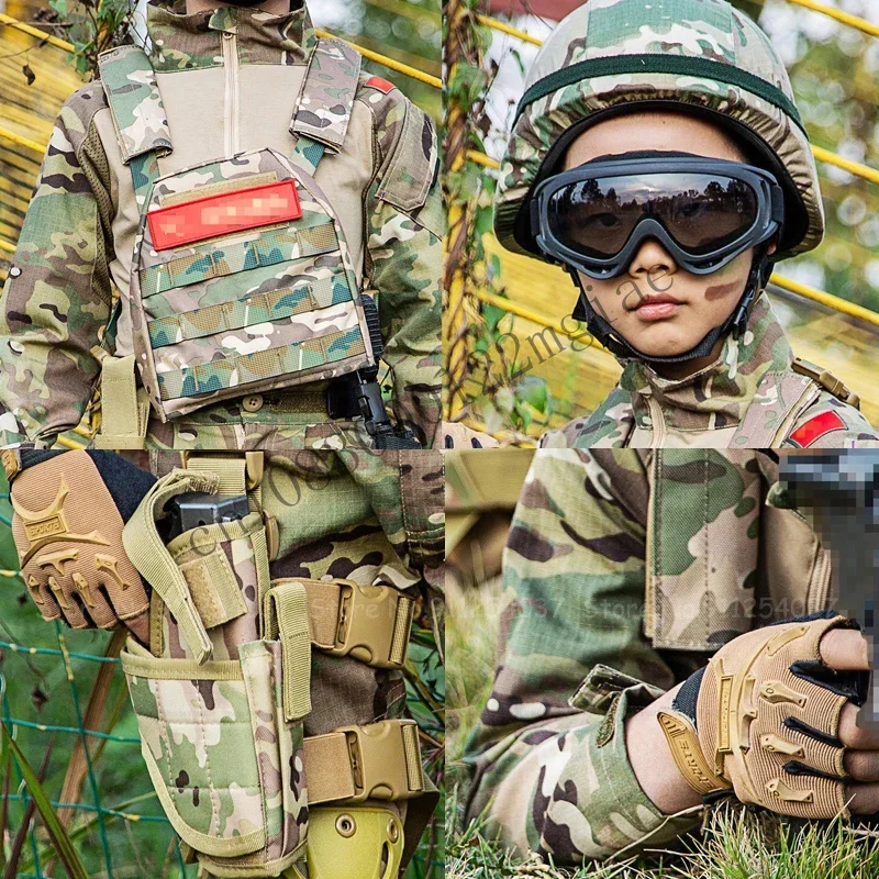 Children Tactical Camouflage Suit Special Forces Combat Uniform Kids Outdoor Military Training Vest Gloves Knee Pads Gogg CMM221