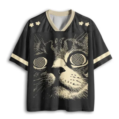 Funny Trippy Cat Eye Graphic Mesh Football Jersey Men Hypnotic Cat Face Print V Neck Short Sleeve Oversized Tops
