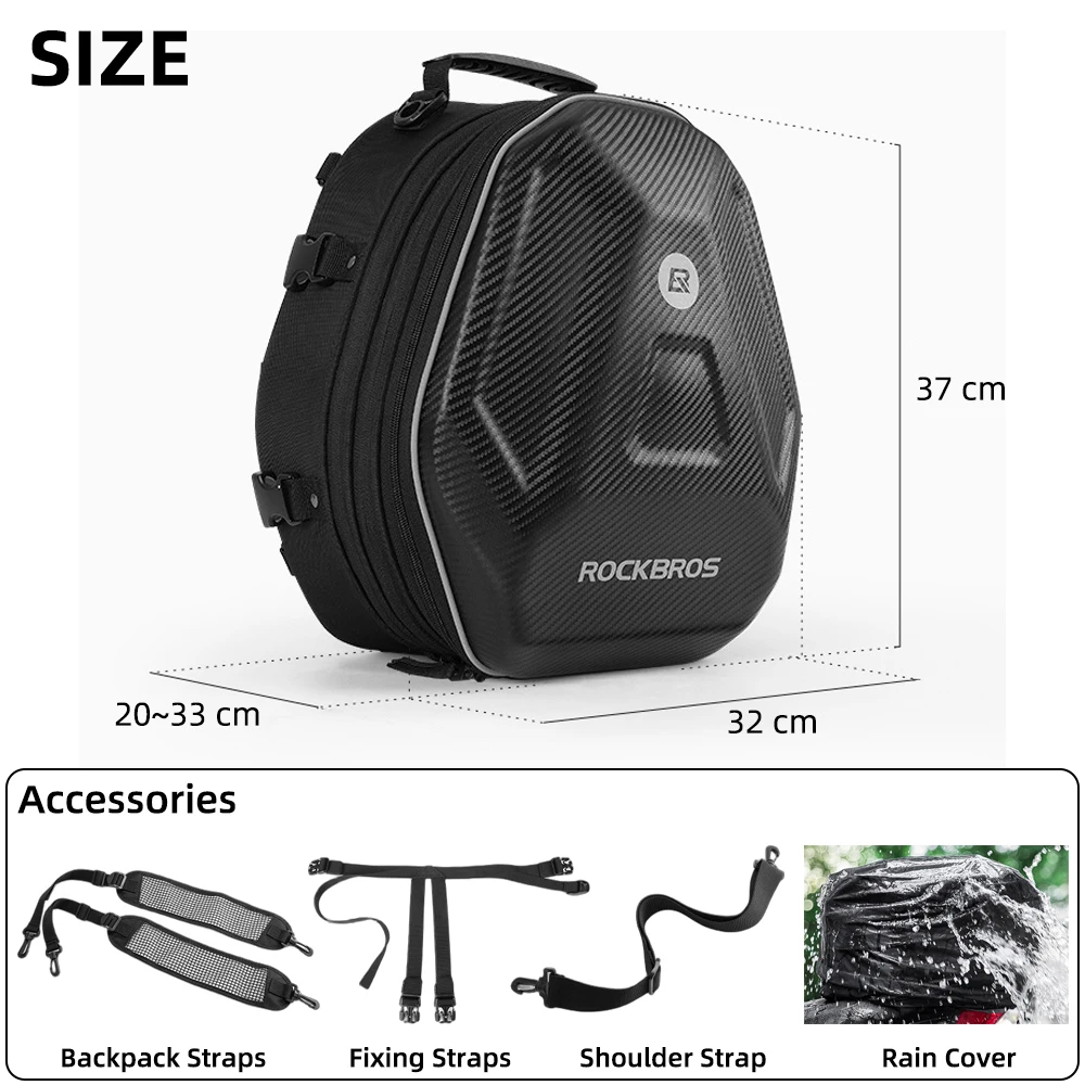 Motorcycle Back Seat Bag Waterproof Helmet Bag Carbon Fiber Texture Hard Shell Travel Storage Luggage Rider Backpack & Raincover
