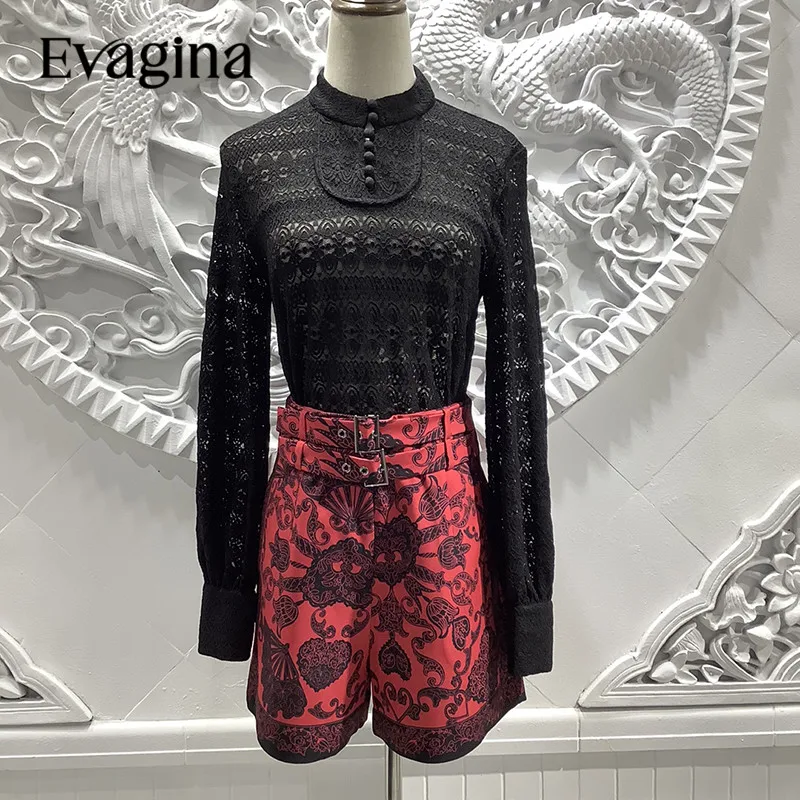 

Evagina Spring/Summer High Quality High-Street Fashion Slim Fit Hollow Out Lace Long Sleeve Double-belt Shorts Set 2pcs 2023 New