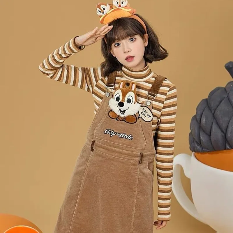 Chip & Dale Cartoon Retro Cute Corduroy Overalls Skirt Autumn and Winter for Girls Women Casual Wear