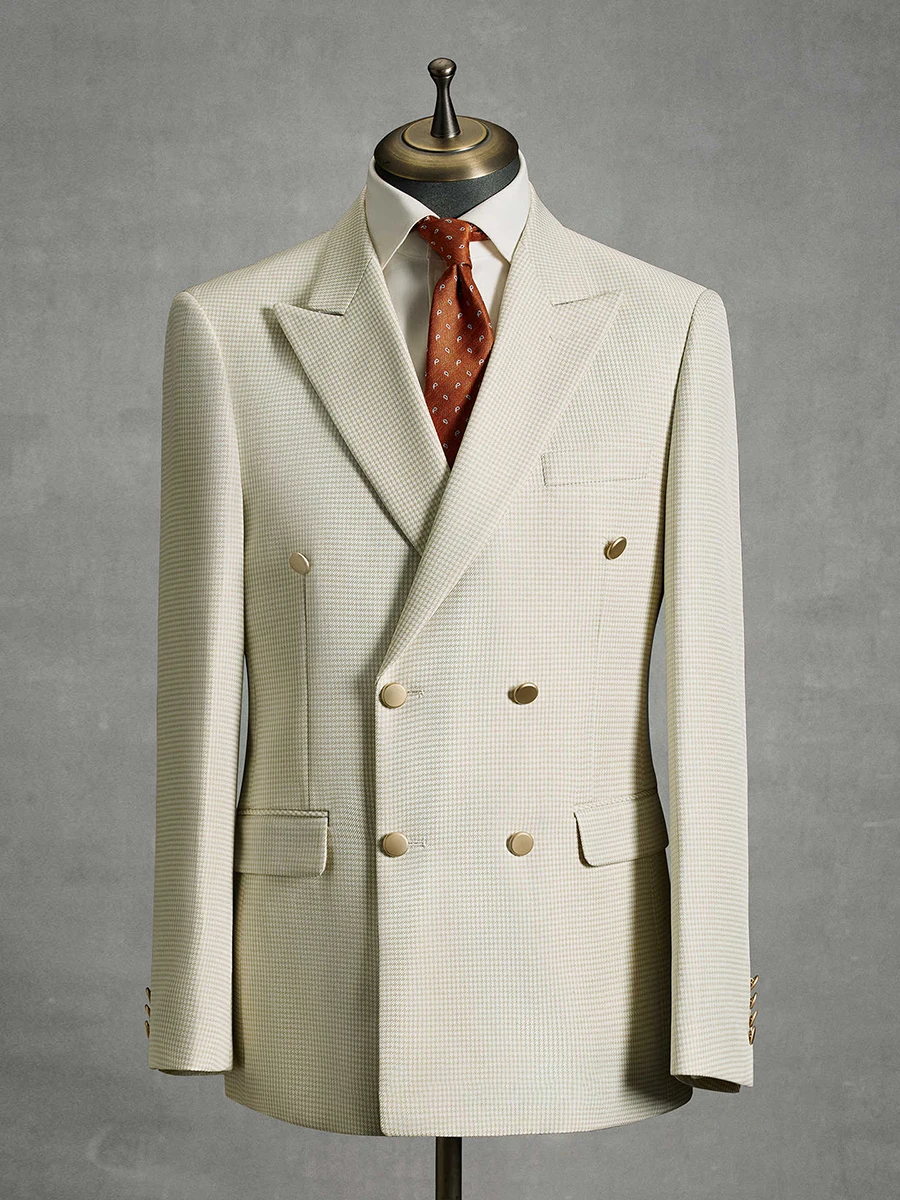 

Champagne Checkered Suit for Men - Double-Breasted Peak Lapel Blazer Set, Premium Business & Wedding Tuxedo with Dress Pants