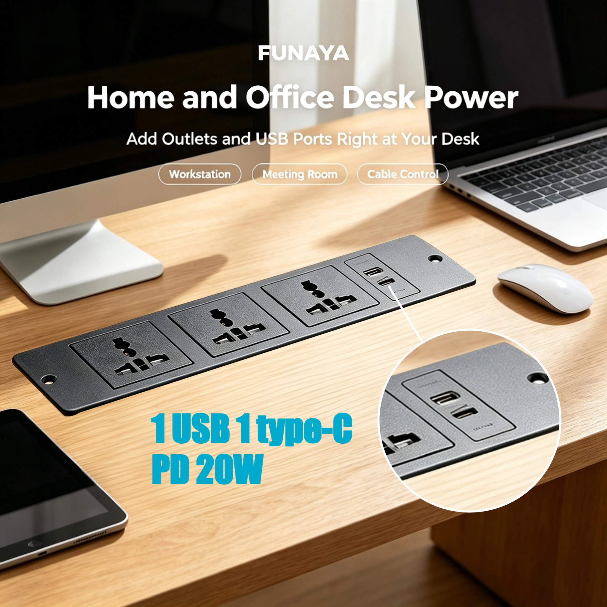 FUNAYA Universal UK Built-in Table Recessed Socket with USB A/C Power Electrical Desktop Countertop Furniture Extension Outlets