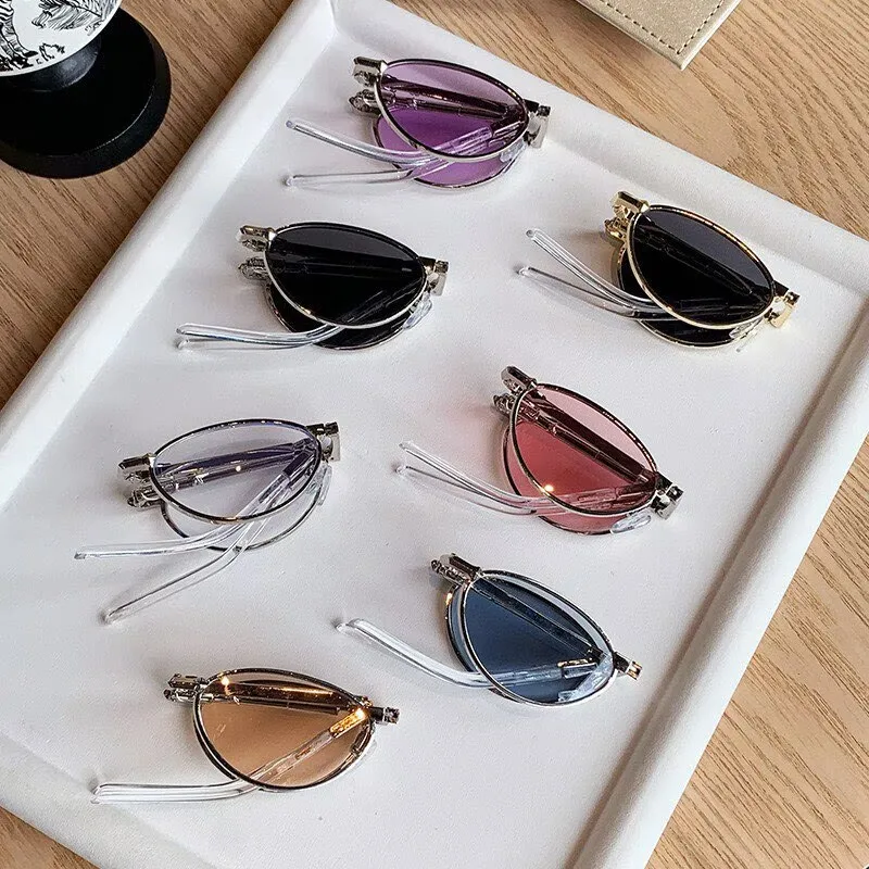 Fashion Oval Sunglasses Women Trend Y2K Metal Cat Eye Sun Glasses Foldable Travel Street Selfie Sunscreen Ocean Lenses Glasses