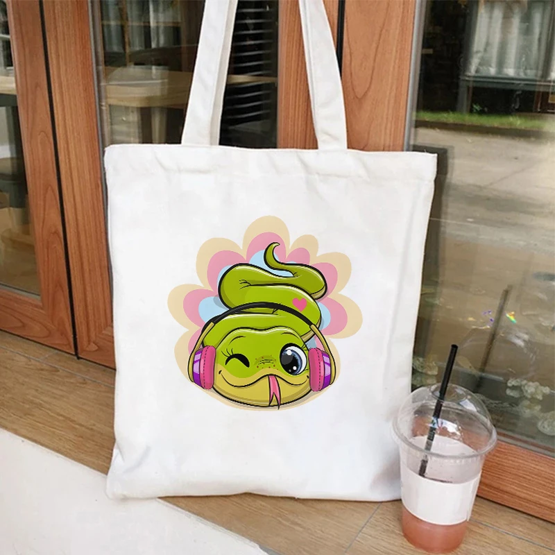 Kawaii Snake Tote Bag Women Canvas Shopping Bag Cute Cartoon Snake in Knitted Hat Shopping Bags Reusable Cute Women Handbags