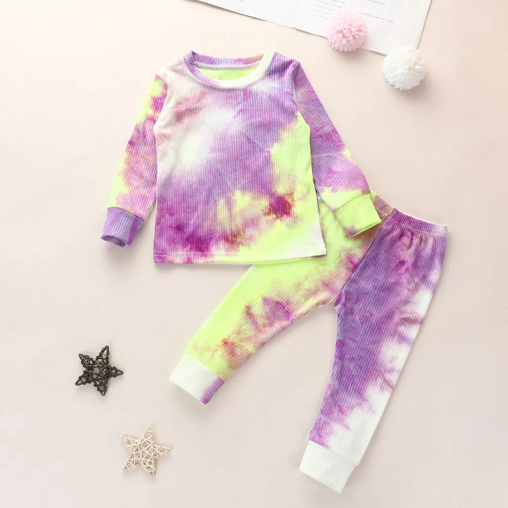 New Spring AutumnTie-dye Children Wear Set Toddler Baby Girls Long Sleeve T-shirt + Elastic Waist Trousers Boy Casual Suit