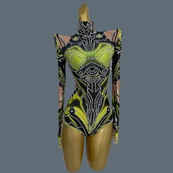 Mulheres brilhantes colorido high street bodysuit strass desempenho dança cantor traje noite clube festa palco outfit jijia