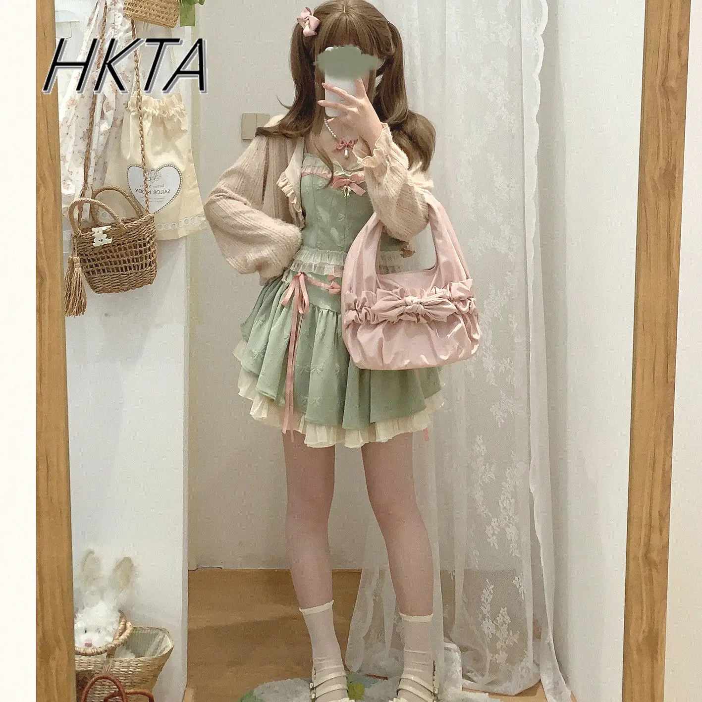 甘いピンクサスペンダーベストスカート 2 枚セット女性甘いかわいいレースの弓プリンセスショートトップかわいいプリーツスカートロリータ少女