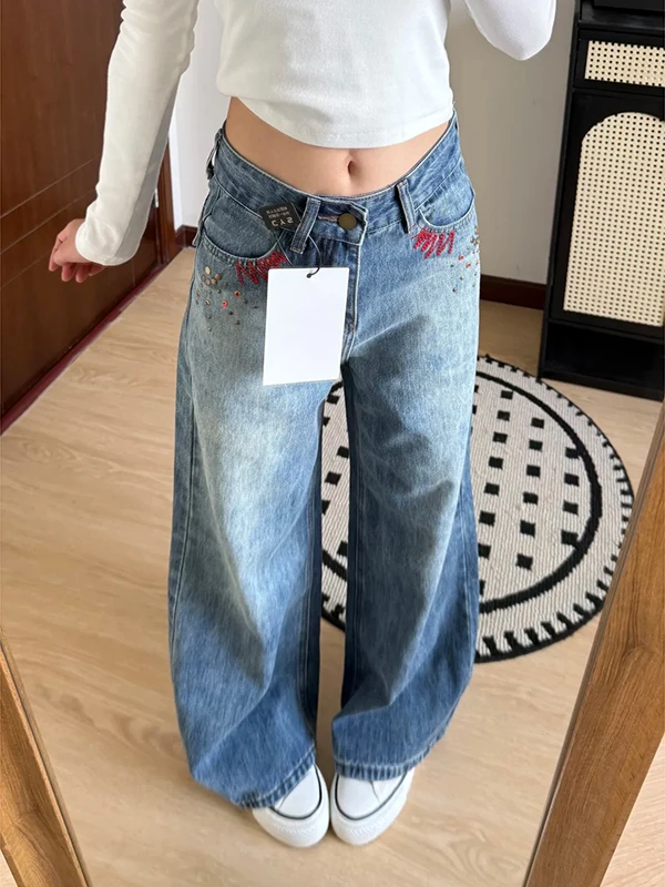 

Retro American Embroidered Bamboo Knot Pattern Wide Leg Jeans Loose Fit Women's Autumn Winter Denim Pants Straight Cut