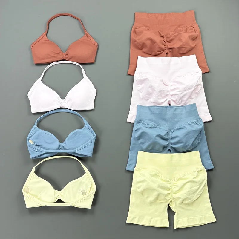 2 Piece Gym Set Women Push Up Sports Bra Seamless Ruched Butt Lifting Fitness Shorts Yoga Quick Dry Running Pilates Workout Wear