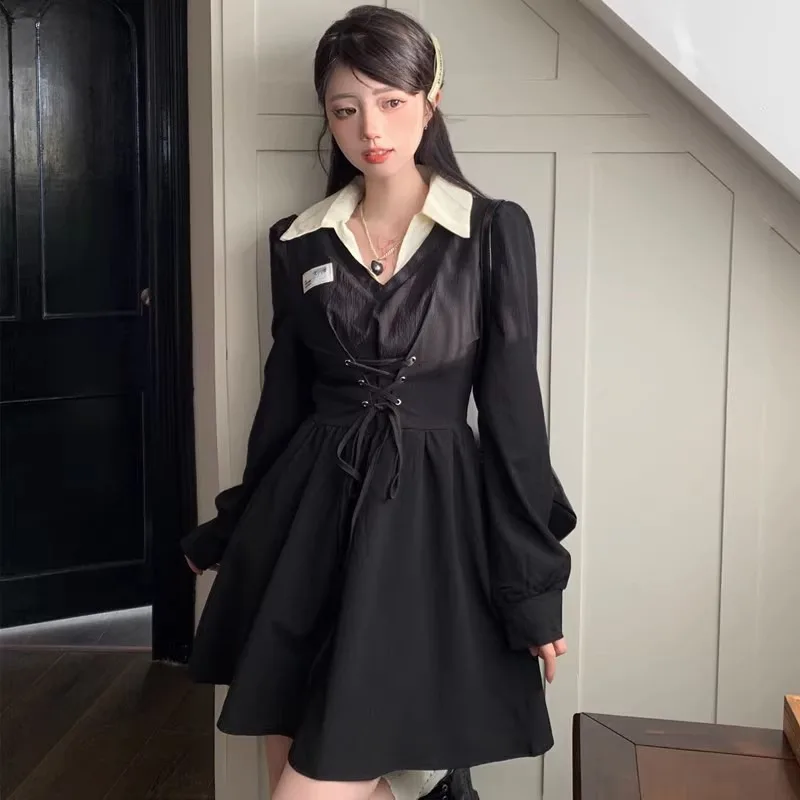 Lace-up Fake Two-piece Dresses Women Autumn New High Waist Thin A-line Polo-neck Long Sleeve Solid Color Fashion Dresses Female