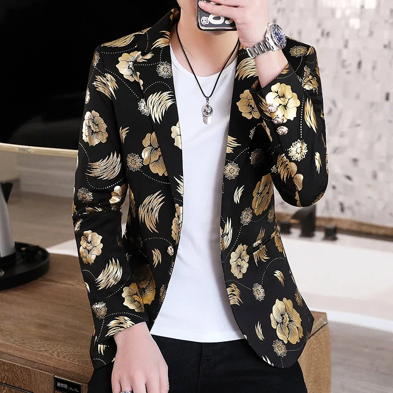 Men Golden Flower Print Blazers 2024 Spring Formal Dress Tuxedo Casual Slim Fit Suit Jacket / High Quality Fashion Men Clothing