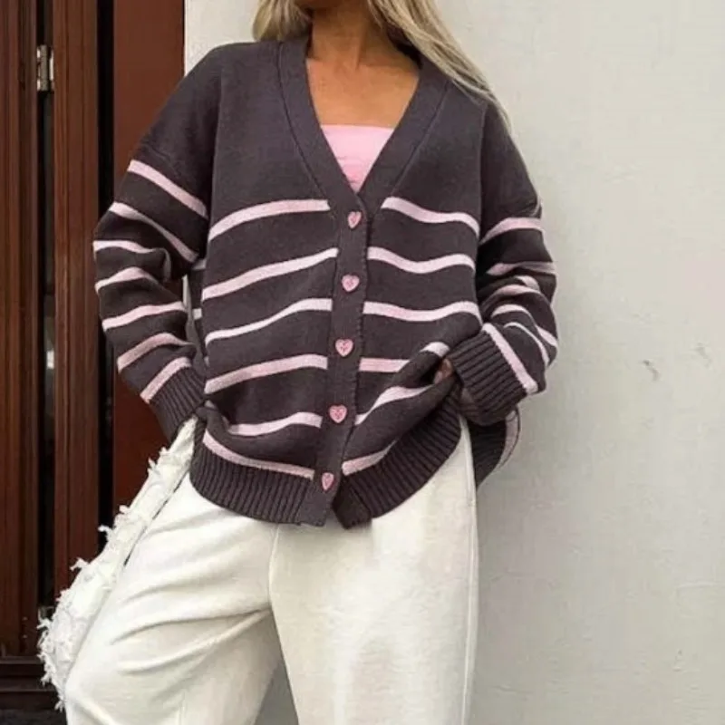 

Новый женский вязаный кардиган в полоску на весну-осень 2026 года, повседневный, универсальный, свободного кроя