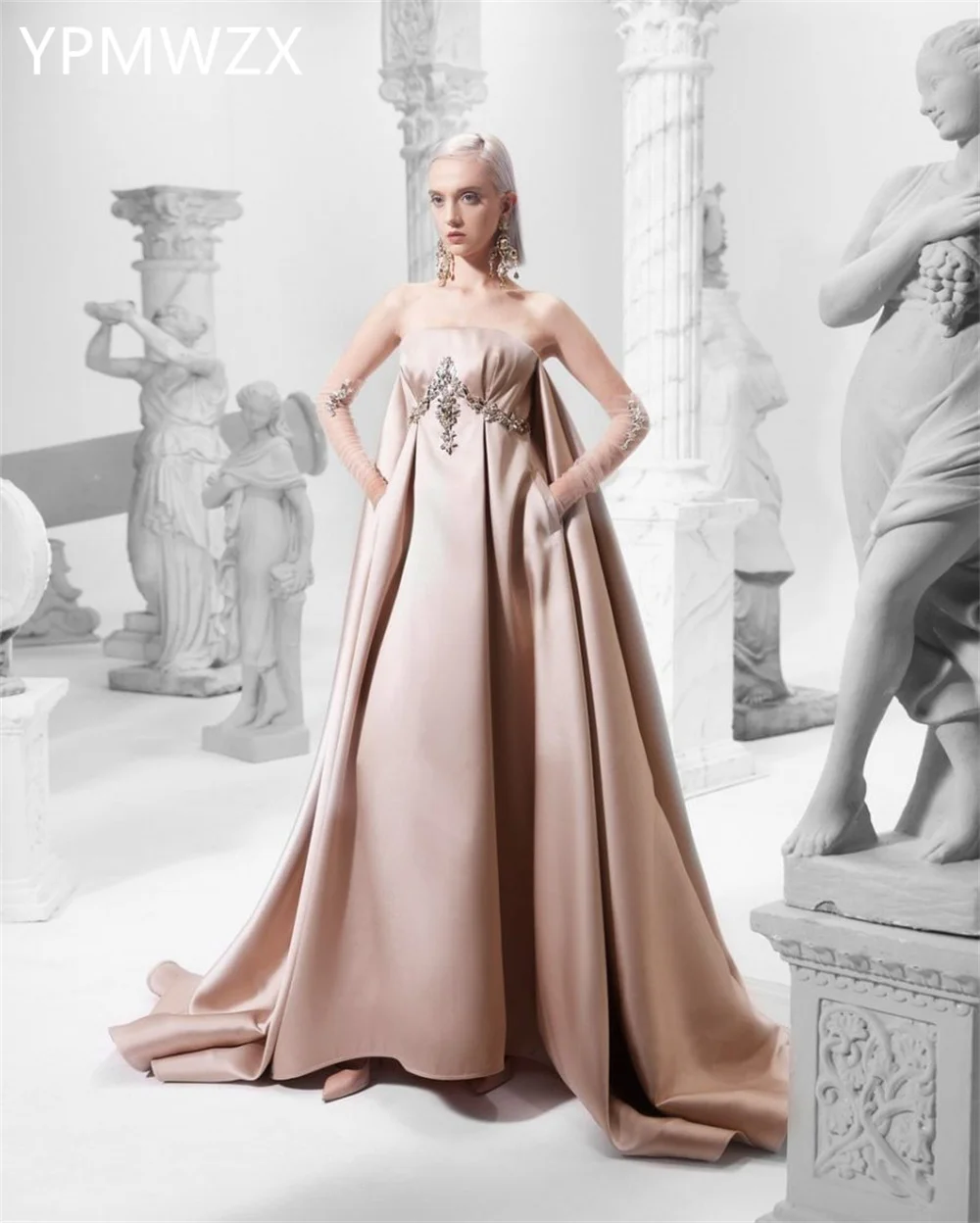 Customized Prom Gown Formal Evening Dress Party Occasion YPMWZX Strapless A-line Floor Length Skirts Sleeveless Bespoke Occasio