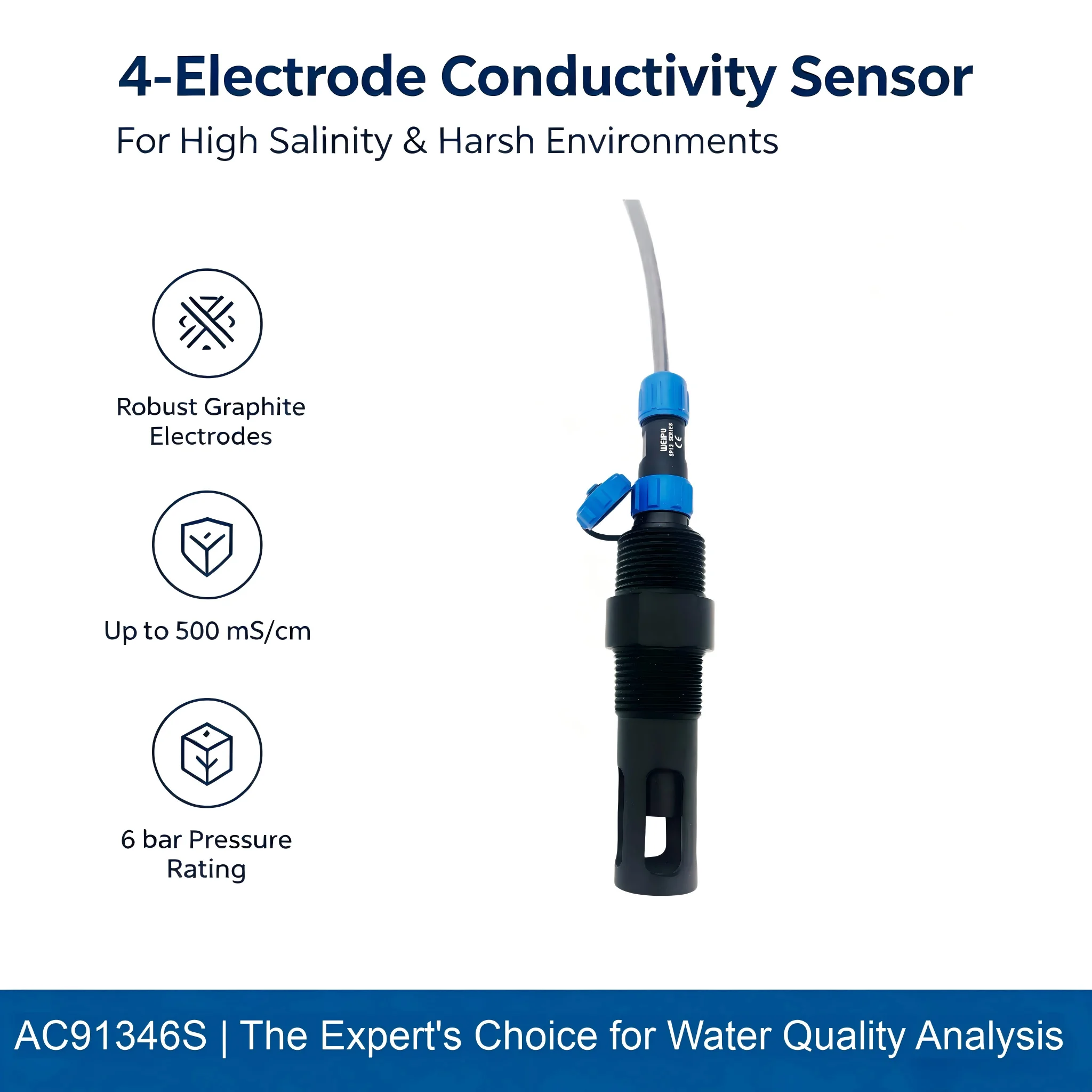 High Salinity Aquaculture 4 Electrode Conductivity Probe with 1% FS Accuracy and 1 Year Warranty for Fish Farm Water Quality