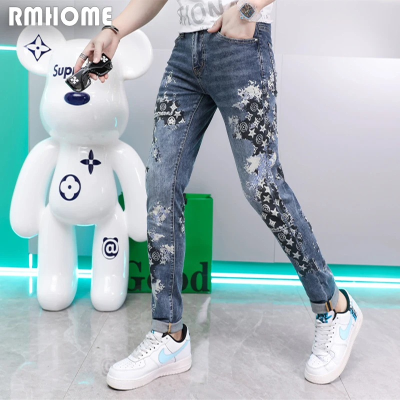 Men's Jeans Star Print Luxury Fashion Brand Casual Pants European Spring Summer Elastic Thin Feet Slim Fit Man Trousers Clothing