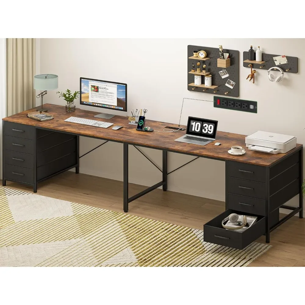

110"2 Person Desk with 8 Drawers,Large Writing Home Office Desks with Outlets,I Shaped Workstation Double Desk Drawer Organizers
