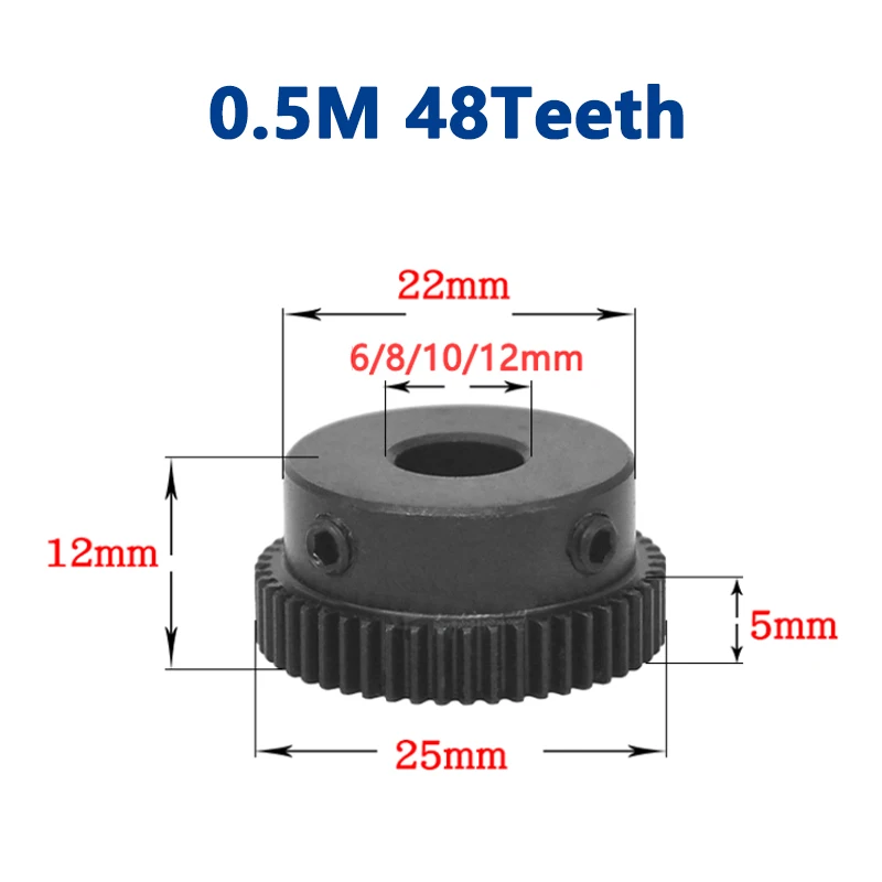 1pc Mod 0.5 48T 50T 52T 55T 58T 60T Spur Gear Bore 6/8/10/12mm 45# Steel Blackening Transmission Gears 0.5 Module Pinion DIY