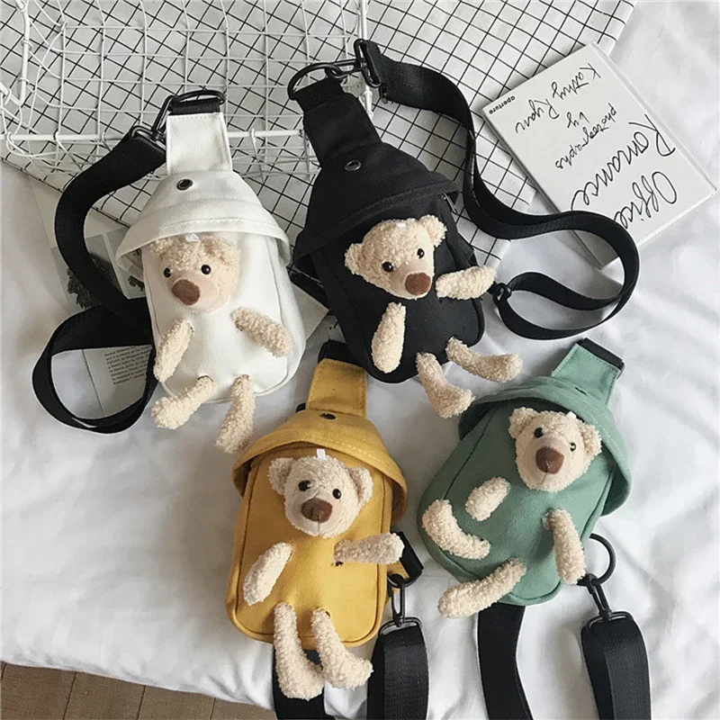 Cartoon Plush Bear Kids Chest Bag Cute Canvas Messenger Bag Children Outdoor Zipper Waist Pack