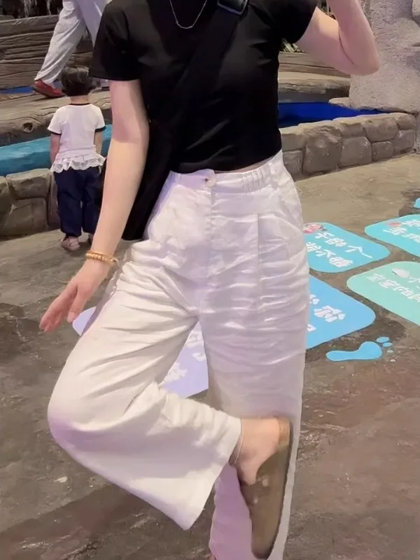 Pantalon taille haute à jambes larges, coupe ample, léger, mélange de coton et lin, coupe droite à neuf points, pour femmes de grande taille, été