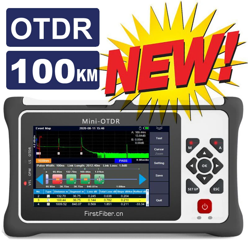 NEW 100KM Pro mini OTDR Reflectometer for GPON EPON Live In-service Testing  with OPM OLS VFL Touch Screen Fiber Optic OTDR