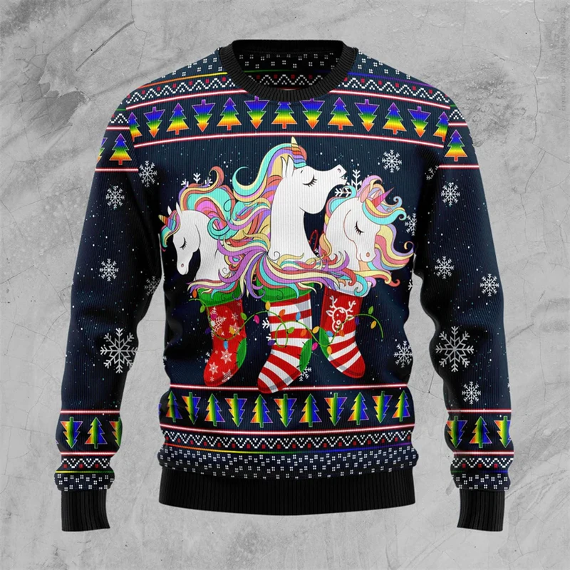 2026 New Unicorn Graphic Unisex Ugly Christmas Sweater Fashion Autumn Holiday 3D Printed Xmas Sweatshirts Casual Loose Pullovers