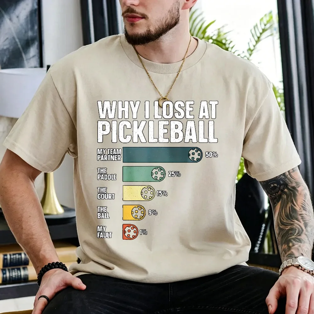 Why I Lose At Pickleball Dark Gradient Color Progress Bar Chart Distressed Letter Cotton T-Shirt Unisex Sports Humor Graphic Top