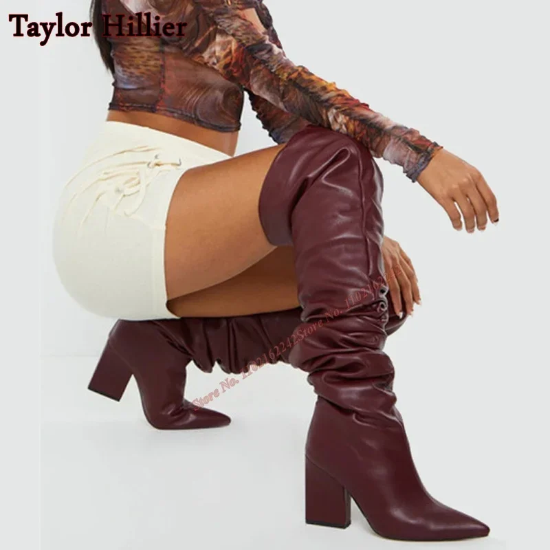 

Pleated Long Boots Women Pointed Thick Heel Burgundy Side Zipper High Heel Boots Fashion Retro Winter Over The Knee Boots 2024