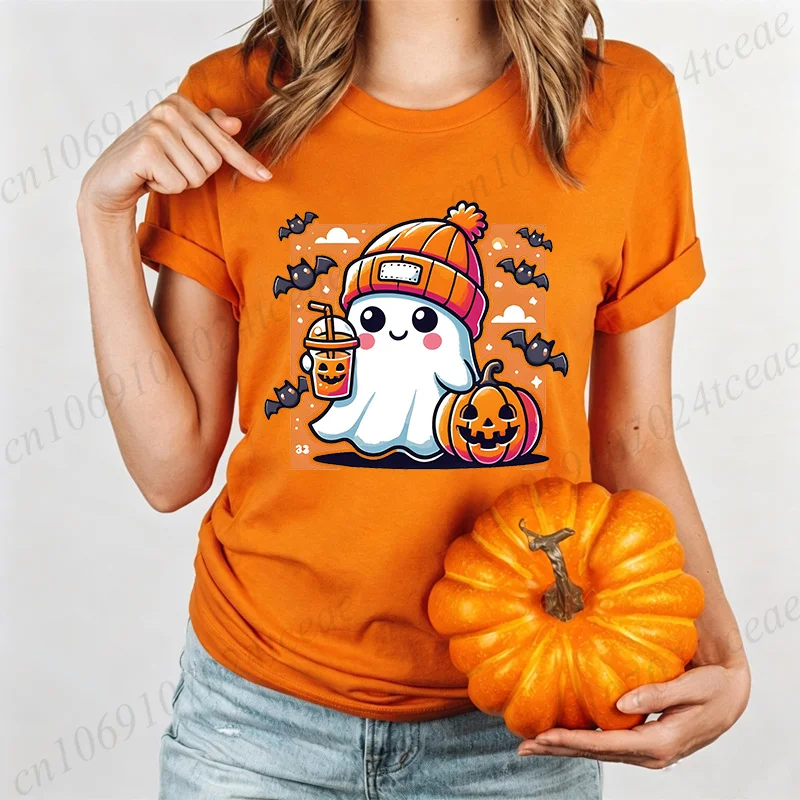 Damen Halloween T-Shirt mit Geister-, Kürbis- und Fledermaus-Motiv, Kurzarm, O-Ausschnitt, Lässiges Oberteil für eine fröhliche Halloween-Party, lockeres Sommer-Top – Detail 6