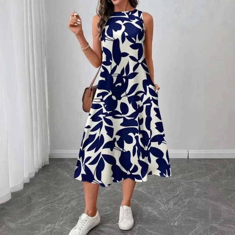 Spring Summer New Sleeveless Print Versatile Tank Flowy Maxi Dress Women EU US Gown