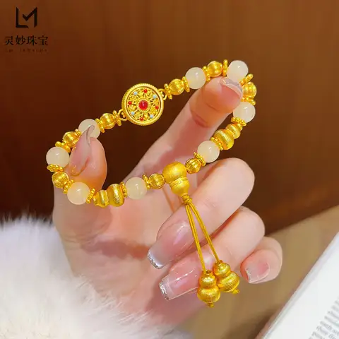 Elegant Bracelet Women's 24K Gold AU999 - Colorful Enamel Charm, Fortune Compass & Blessing Gourd, Daily Wear Pick