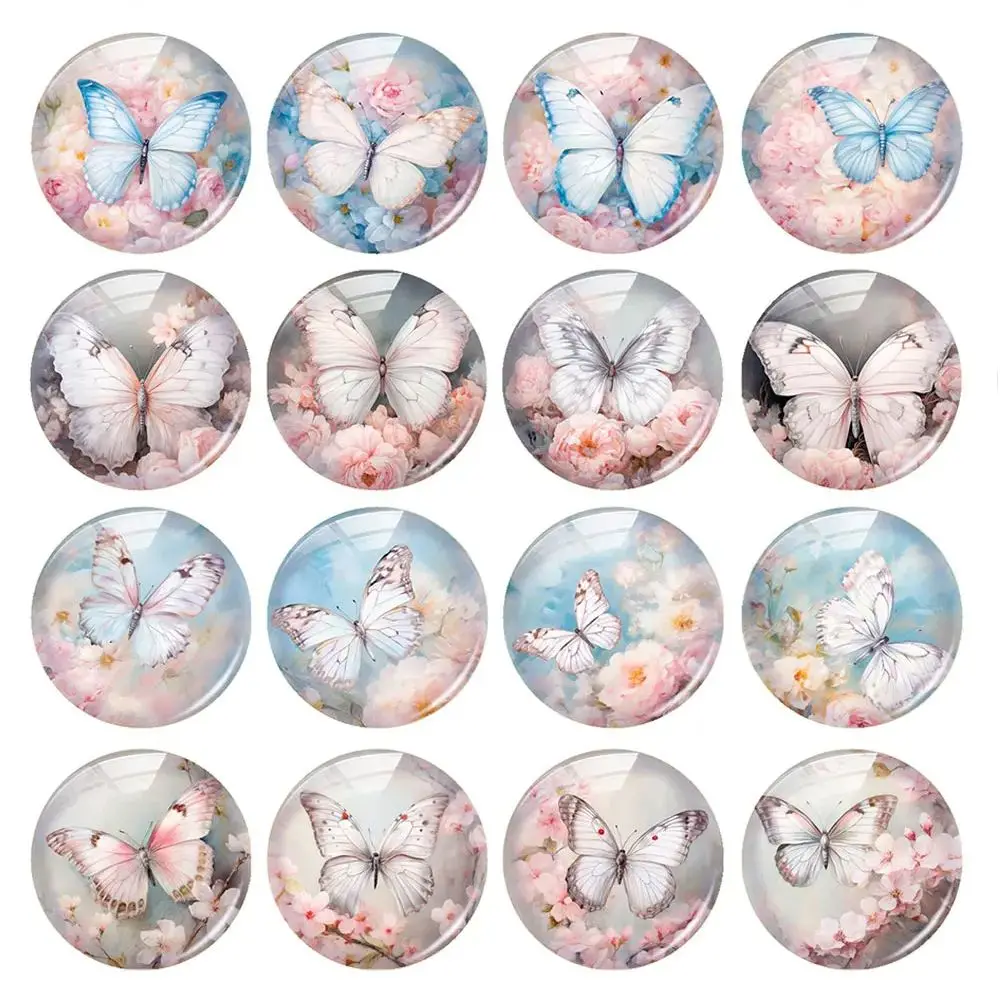 Random Mixed Round/Oval/Square Pink Flower Butterflies Photo Glass Cabochon Flatback Demo Cameo For Diy Jewelry Making