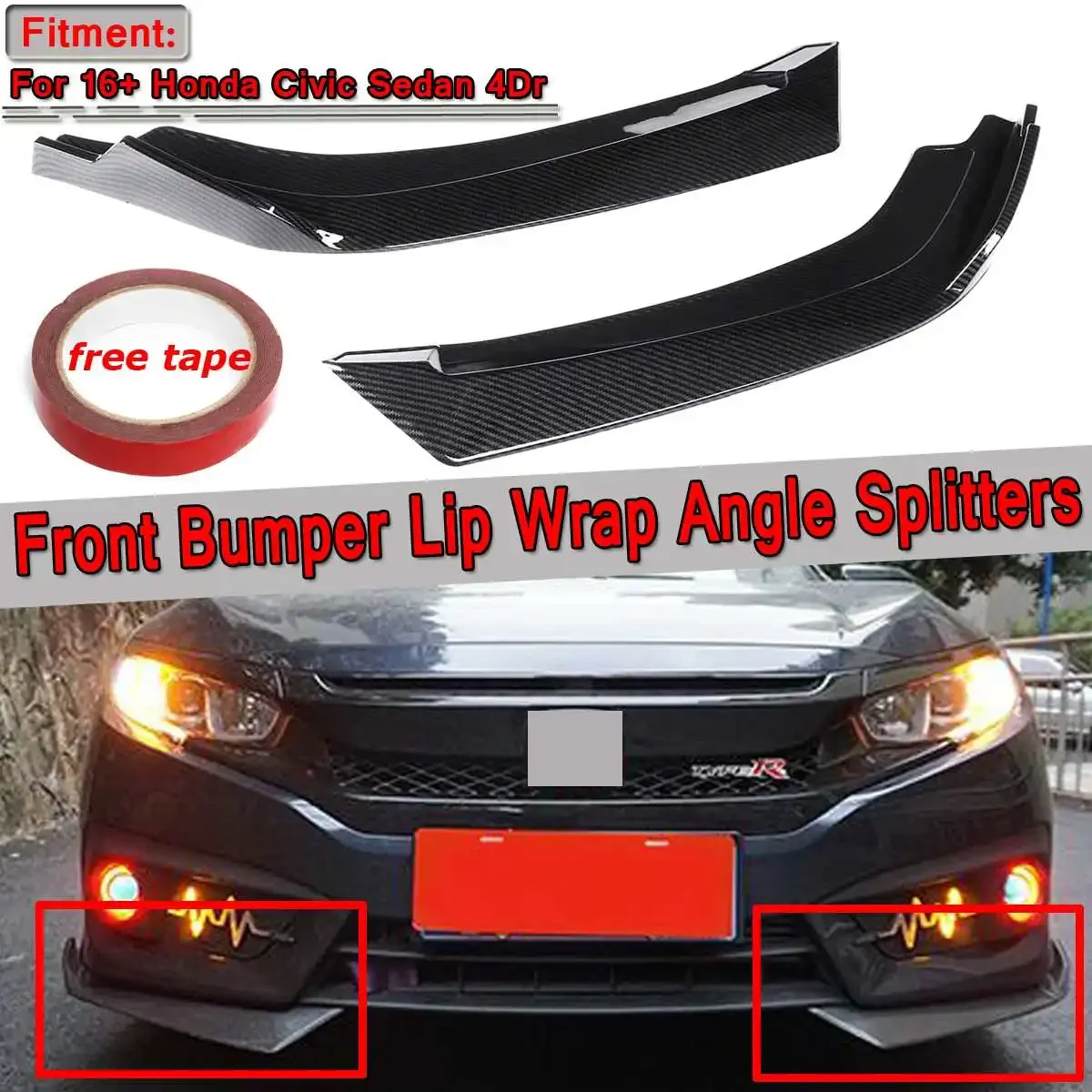 

2pcs Universal Car Front Bumper Lip Splitter Diffuser Spolier Protector For Honda For Civic Sedan 4Dr 2016 2017 2018 Body Kit