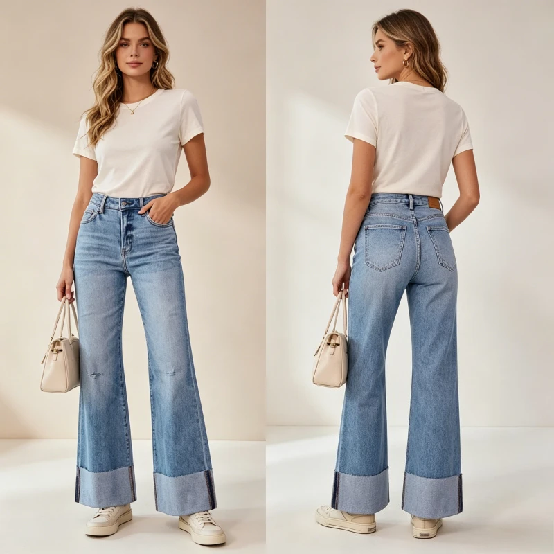 

Women Denim Pant Vintage Wide Leg Long Pants Cuffed Jeans High Waist Straight Trousers Hole Y2k Streetwear Elegant Work Casual